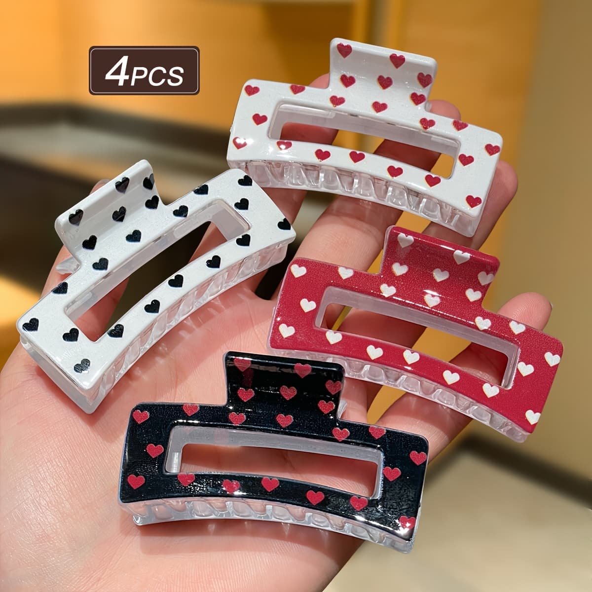 TEMU 4pcs Sweet Heart Print French Retro Square Claw Clip Suitable For Valentine's Day Gifts And Dating