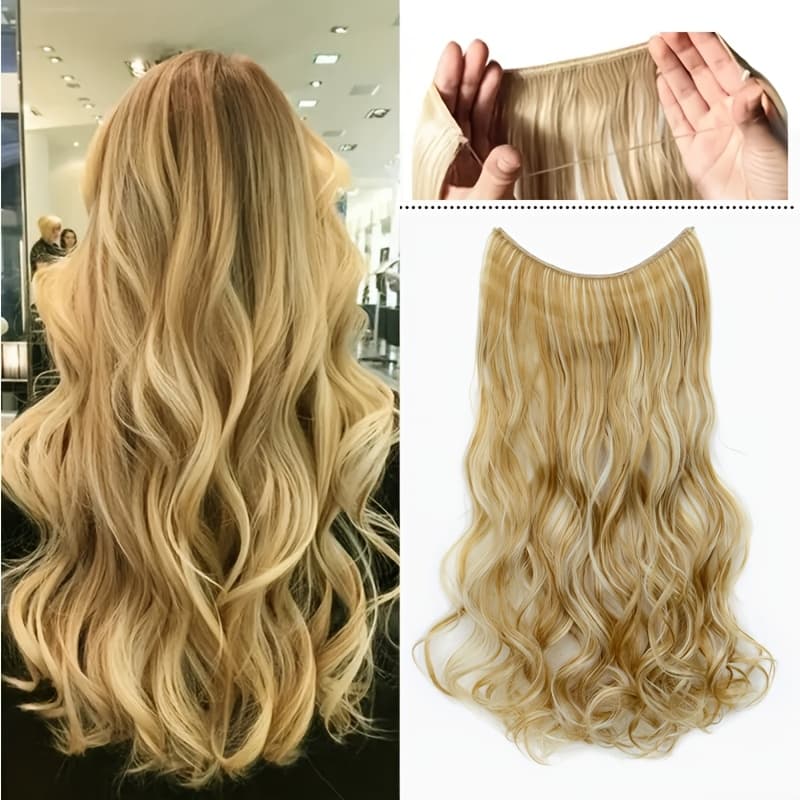TEMU Long Curly Wave Synthetic Hairpiece With Invisible Fishing Line - No Clip, - Women's Christmas Party Wig Gift