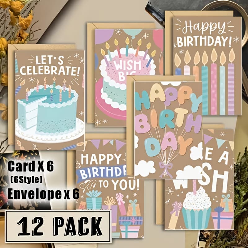 TEMU 12pcs Fun Birthday Greeting Cards With Envelopes - 6 Unique Text Designs, Vibrant Greeting Cards For , , Women, Men, Mom, Dad - Thank You Cards, Suitable For Birthdays, Graduation Ceremonies