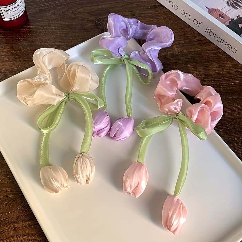 TEMU 3pcs Elegant French Tulip Hair Ties - High Acrylic Hair Bands With Colorful Tulips & , Ideal Gift For , Cute Hair Accessorie