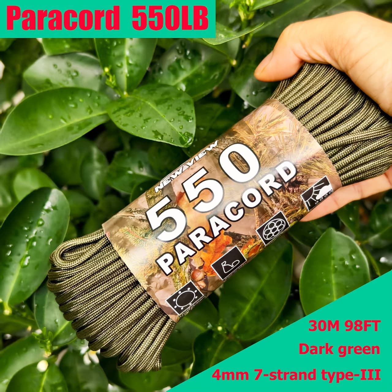 TEMU New View 30m Heavy-duty Windproof Non-slip Outdoor Rope - 550lb Strength 7-strand 4mm Thick Durable Polyester Cord For Camping, Survival, Laundry Drying