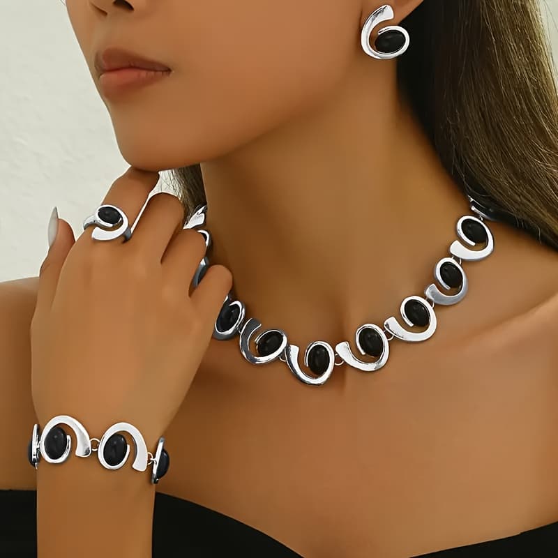 TEMU 4pcs/set Silvery Women's Necklace Earrings Bracelet Ring Set, Geometric Oval Black Acrylic Inlay Spiral Stitched Beaded Pendant Necklace Bracelet Earring Ring, Bohemian Spiral Design Jewelry Set