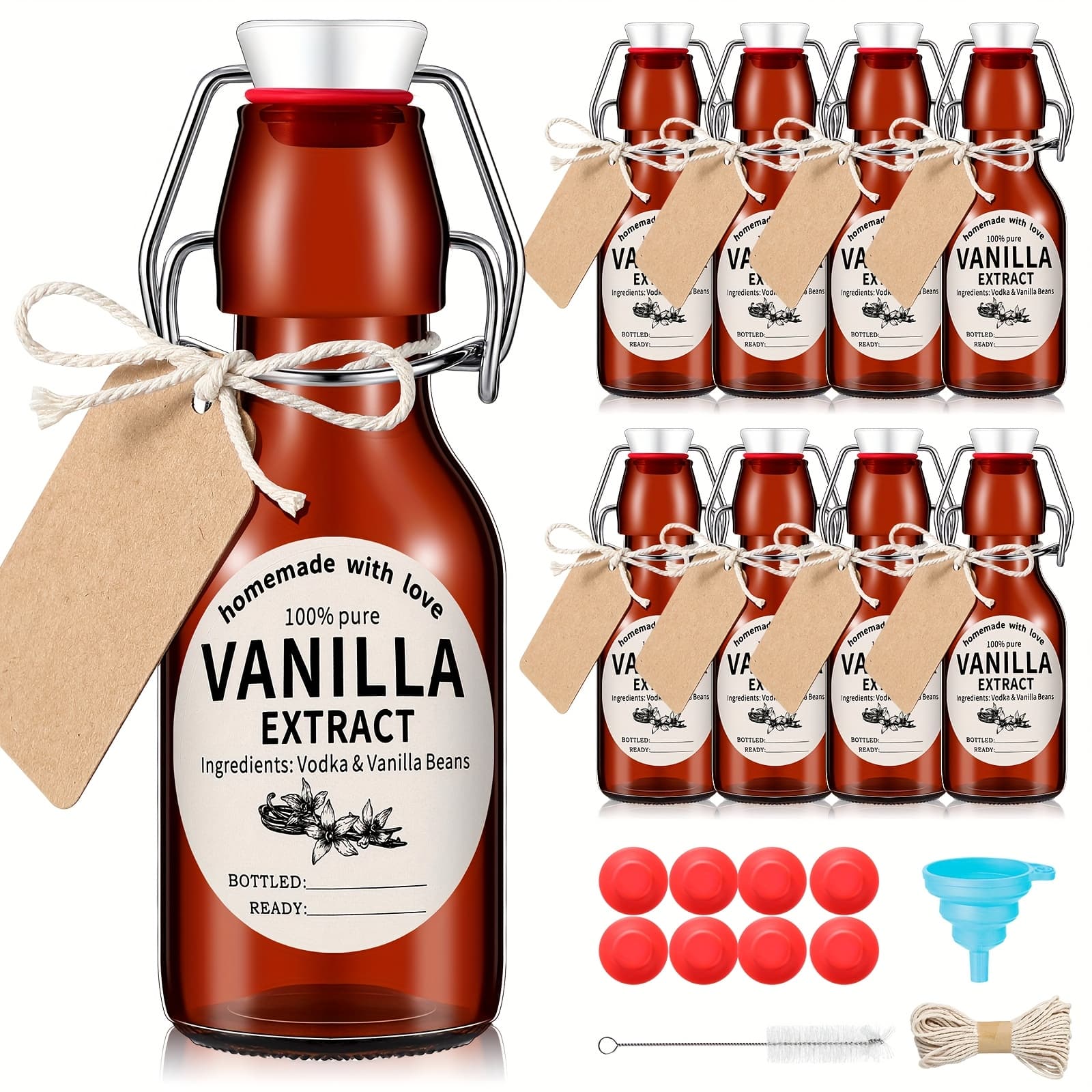 TEMU 8 Sets Swing Top Glass Bottles Set Amber Homemade Vanilla Extract Bottles With Stoppers Stickers Caps Jar Brush Funnel Rope Labels Vanilla Extract Jars For Holiday Diy Crafts (4oz)