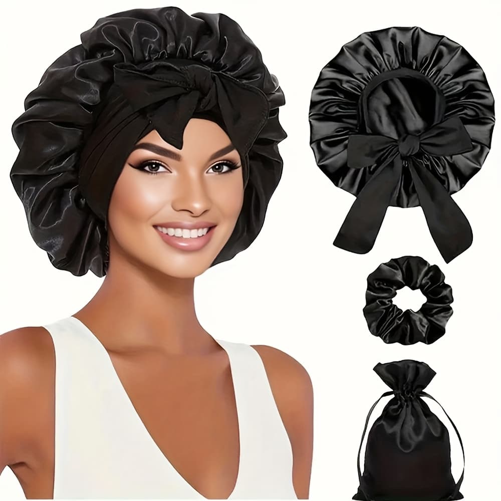 TEMU 3pcs Sleep Bonnet Set With Tie Band -hair Bonnet For Women, Curly Hair & Braids, Soft Comfortable Nightcap For Sleeping, Sleep Bonnet For Sleeping, Anti Frizz Bonnet For Sleeping, Shower