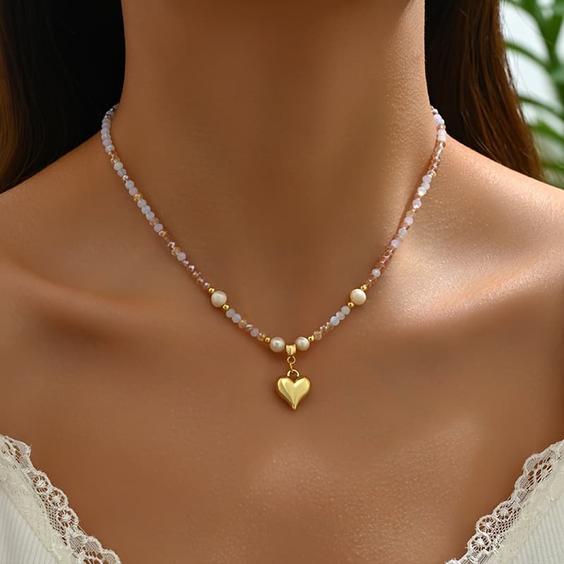 TEMU Elegant Beaded Necklace For Women With Artificial Crystal And Heart Pendant, Versatile For Daily And Party Occasions, Random