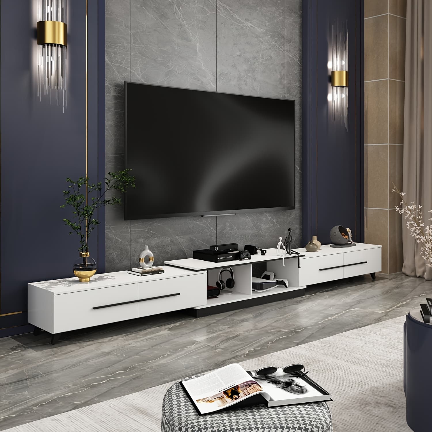 TEMU Modern Tv Stand Extendable Media Console, Adjustable In Length, Entertainment Center With Drawers, For Living Room, Stylish Design