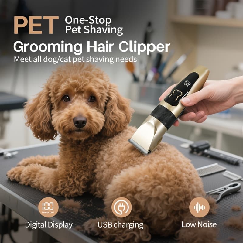 TEMU Pet Grooming Kit Professional - Usb Rechargeable Electric Clippers With Thick Ceramic , & 4 Limit Combs, Cordless Hair Trimmer For Small & Large Dogs Cats With Brush & Measuring Tool