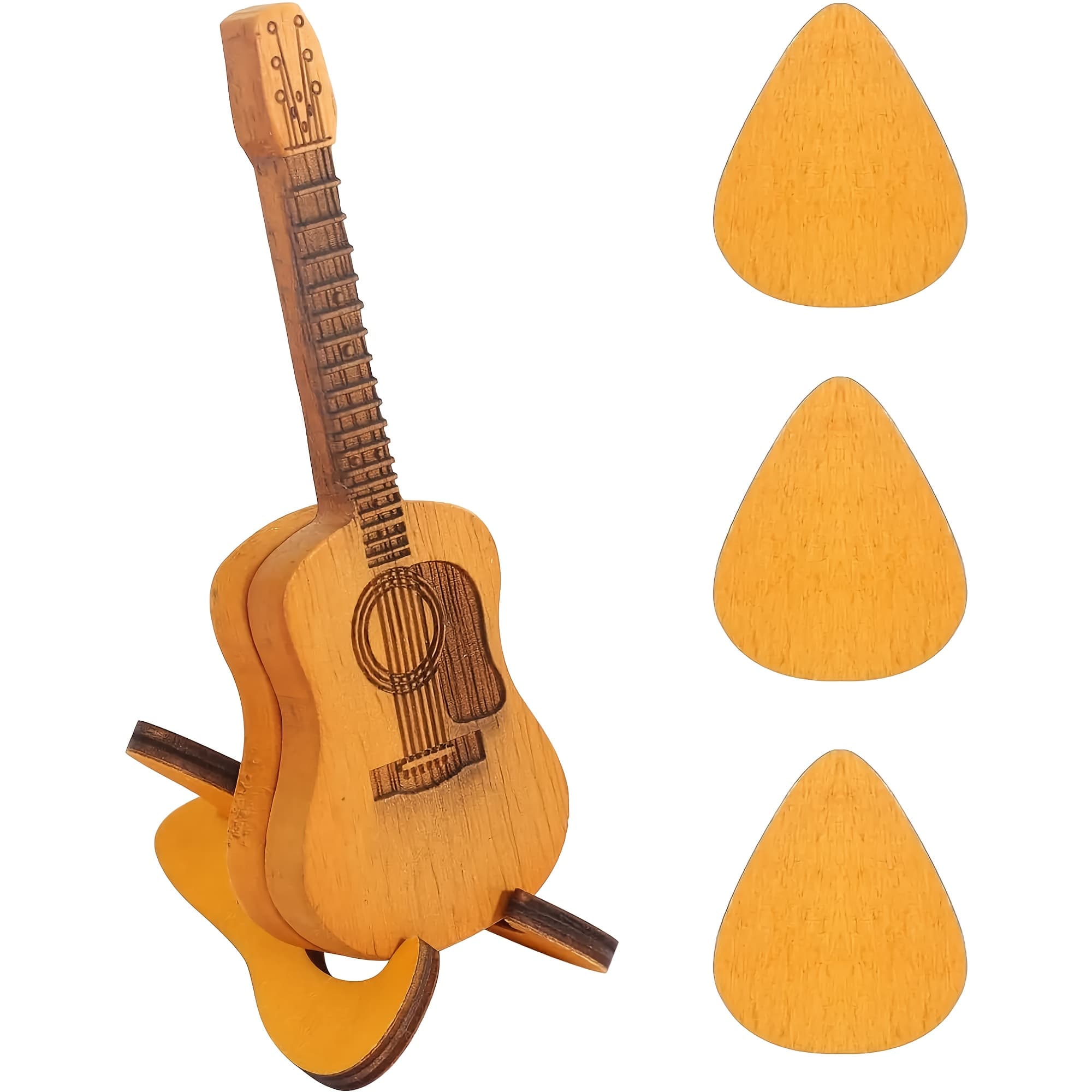 TEMU 1pc Wooden Guitar With Stand,3pcs Picks,guitar Pick Holder Box,musician Engraved Wooden Plectrum Case,acoustic Guitar Box For Electric Guitar Ukulele Lover