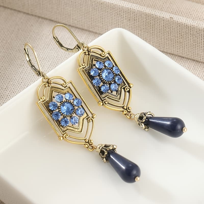 TEMU Victorian Art Deco Earrings, Earrings Denim Blue Synthetic Zirconia Earrings Antiqued Golden Earrings