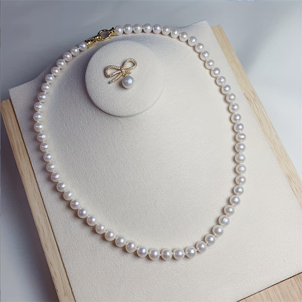 TEMU Freshwater Pearls Necklace Bow Freshwater Pearls Necklace Pendant Simple Light Luxury Niche Design Sterling Silvery Plated 14k Golden Plated Golden Free Gift Box