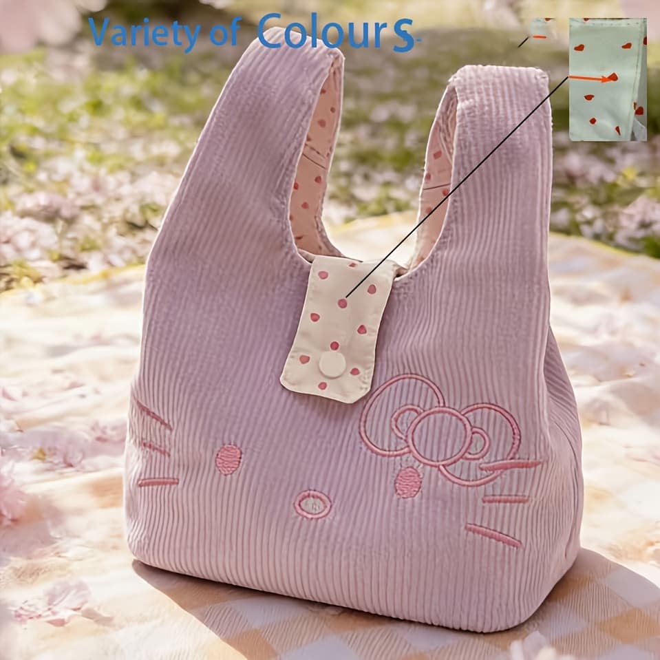 TEMU Ip Cute Purple Kitty Embroidered Corduroy Wristlet/portable Handbag/tote Bag, Stylish Commuter Pouch, High-value Storage Bag, The For Travel, Ideal Holiday Gift
