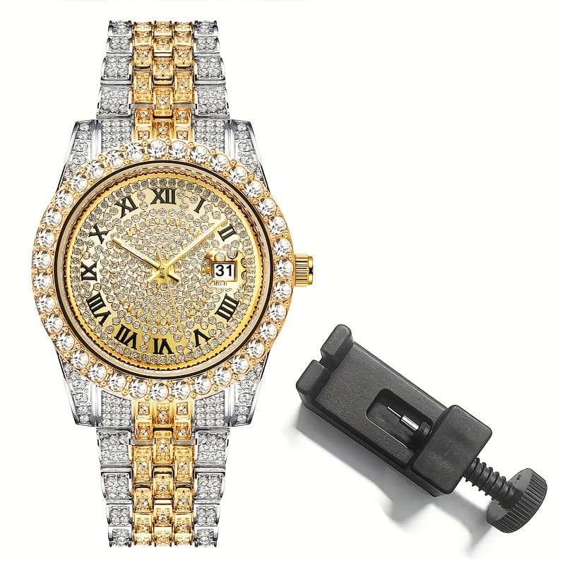 TEMU Brand Quartz Watches Men Business Auto Date Calendar Rhinestones Steel Strap Large Watches Gifts For Him