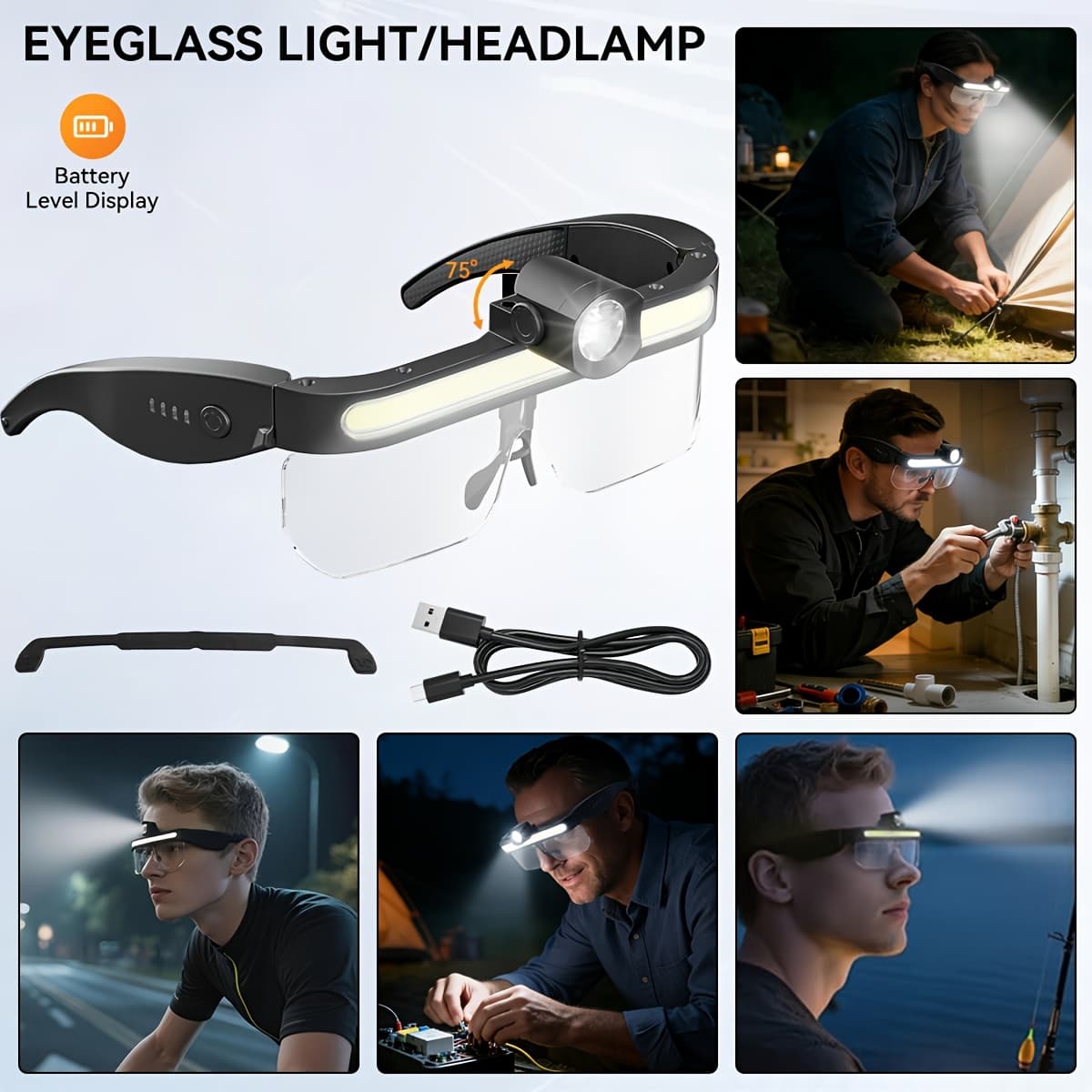 TEMU Led Rechargeable Headlight Glasses Usb Up Glasses For Running Camping Fishing Cycling Hiking Hands Free Lighted