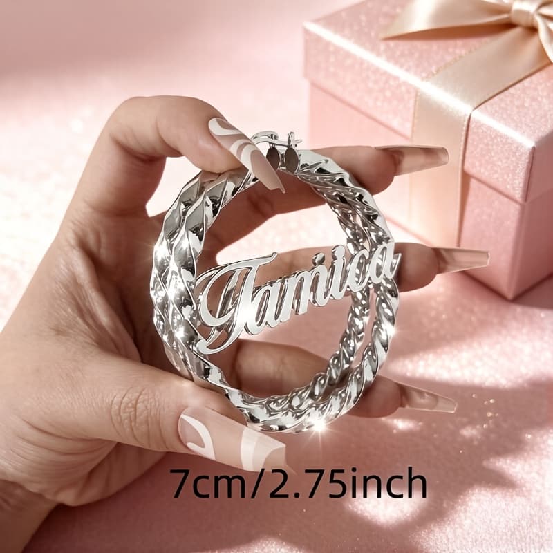 TEMU Custom Name Hoop Earrings, Large Twist Name Hoops, Women Name Earrings, Personalized Name Hoops, Name Earrings, Nameplate Hoops Gifts
