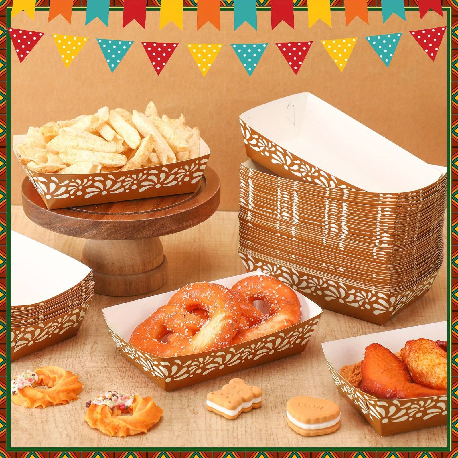 TEMU 100pcs Mexican Snack Trays Lindo Party Decoration Platos De Terracotta Clay Pottery Popcorn Food Container Disposable Trays For De Mayo Wedding(flower)