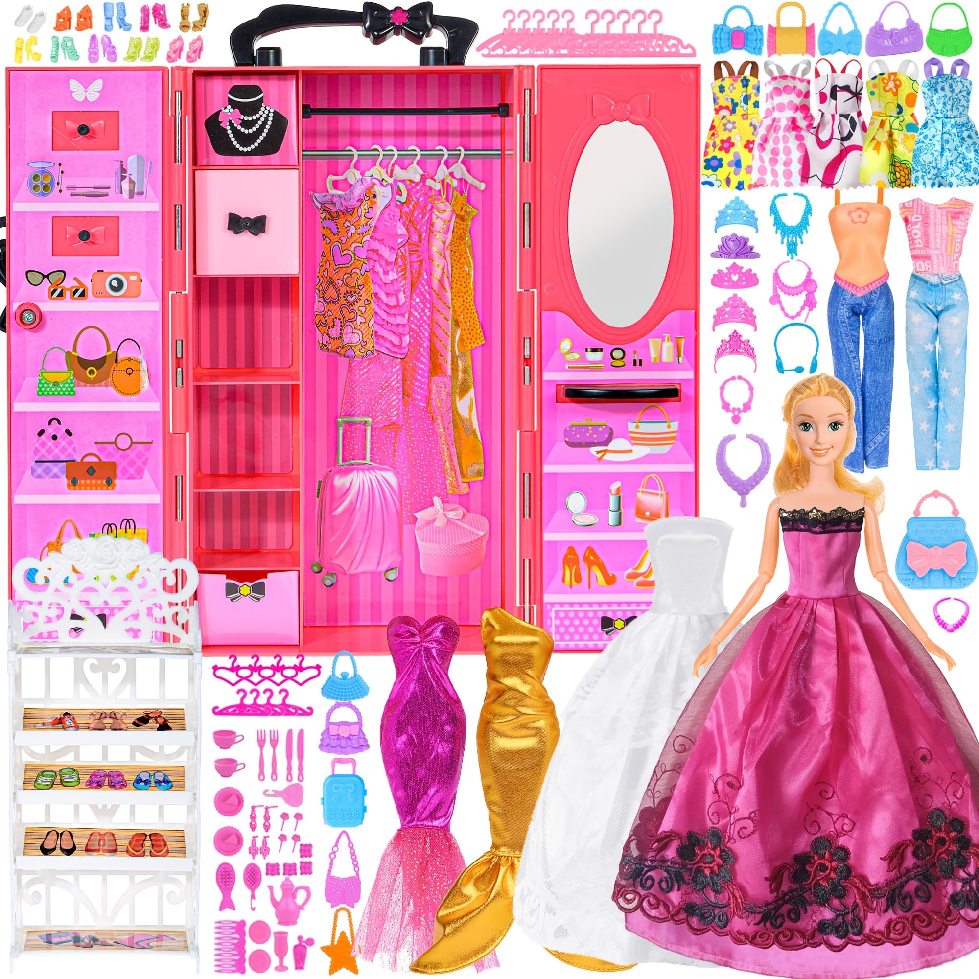 TEMU 139pcs 11.5 Inch Doll Closet Wardrobe Clothes And Accessories Play Set Including Wedding Dress, Outfits, Shoes, Hangers, Necklaces And Diy Stickers.christmas Gift 3+