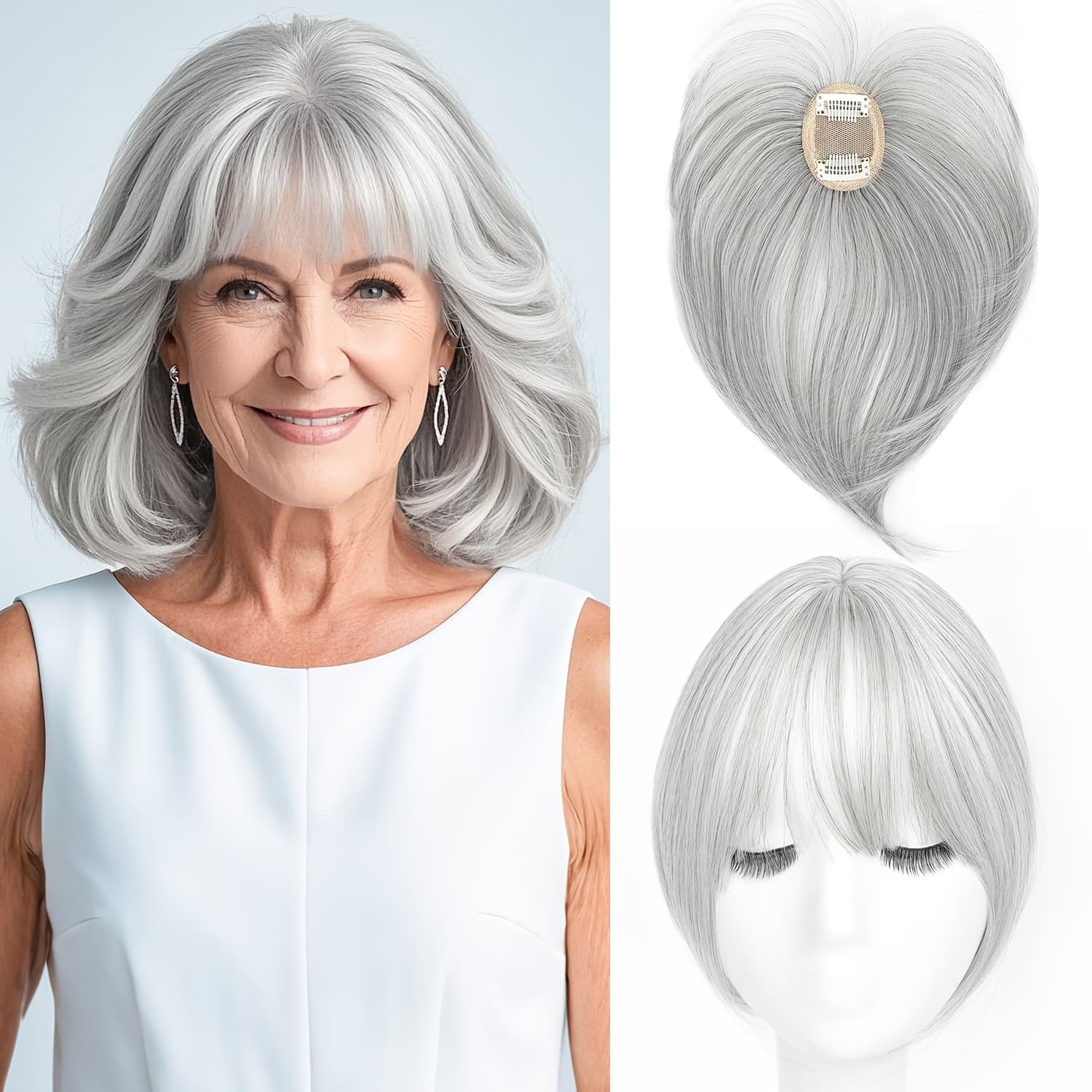 TEMU Women's Elegant Straight Clip-in Hair Topper With Bangs - Wig For Halloween Costumes, Thinning , -in Attachment, Lightweight & Durable Synthetic Hair For Parties, Photoshoots, Everyday