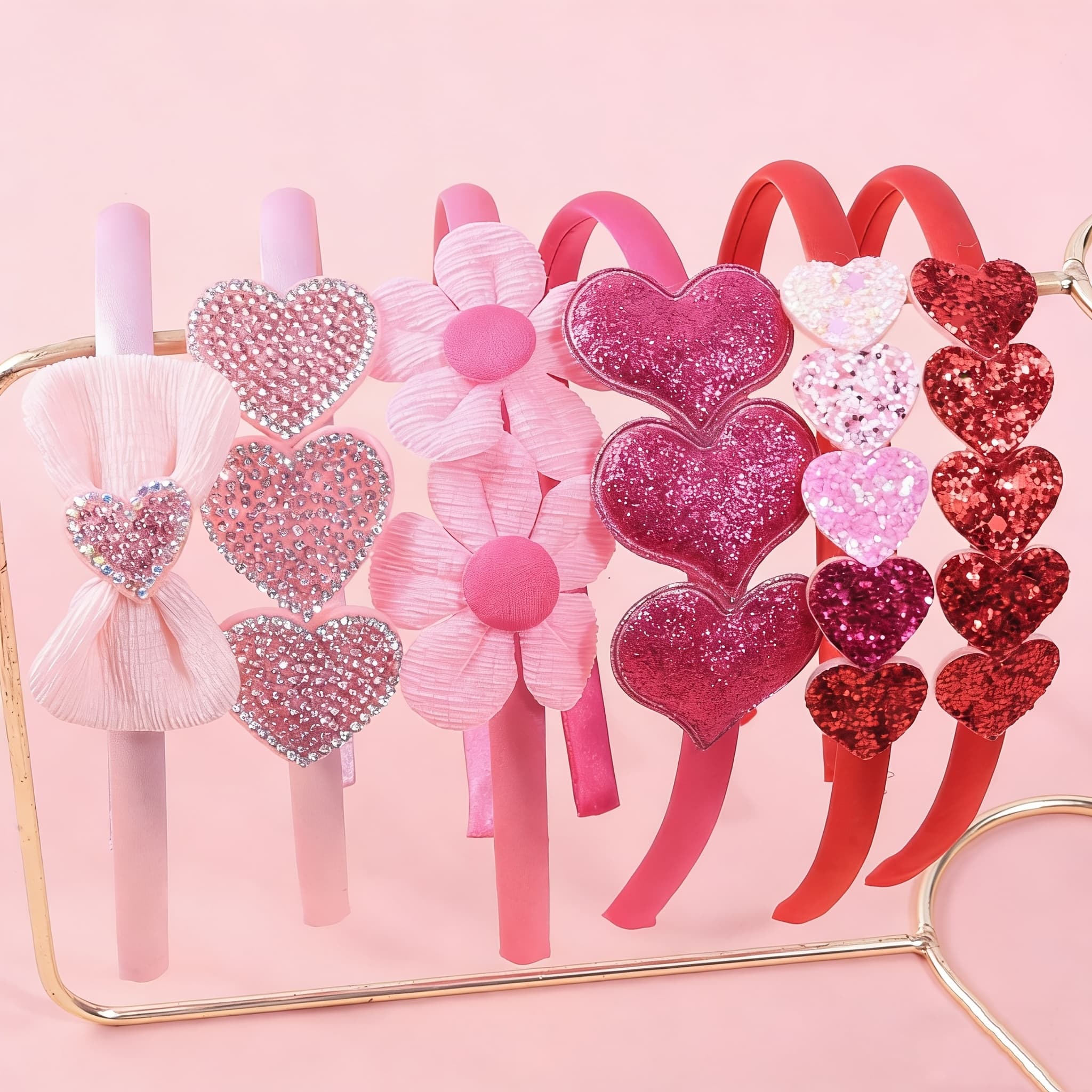 TEMU 6 Minimalist Flower Headbands, Sweet Heart Headbands, Valentine's Day Satin Headbands, Glitter Heart Headbands, Valentine's Day Dress-up Headdress