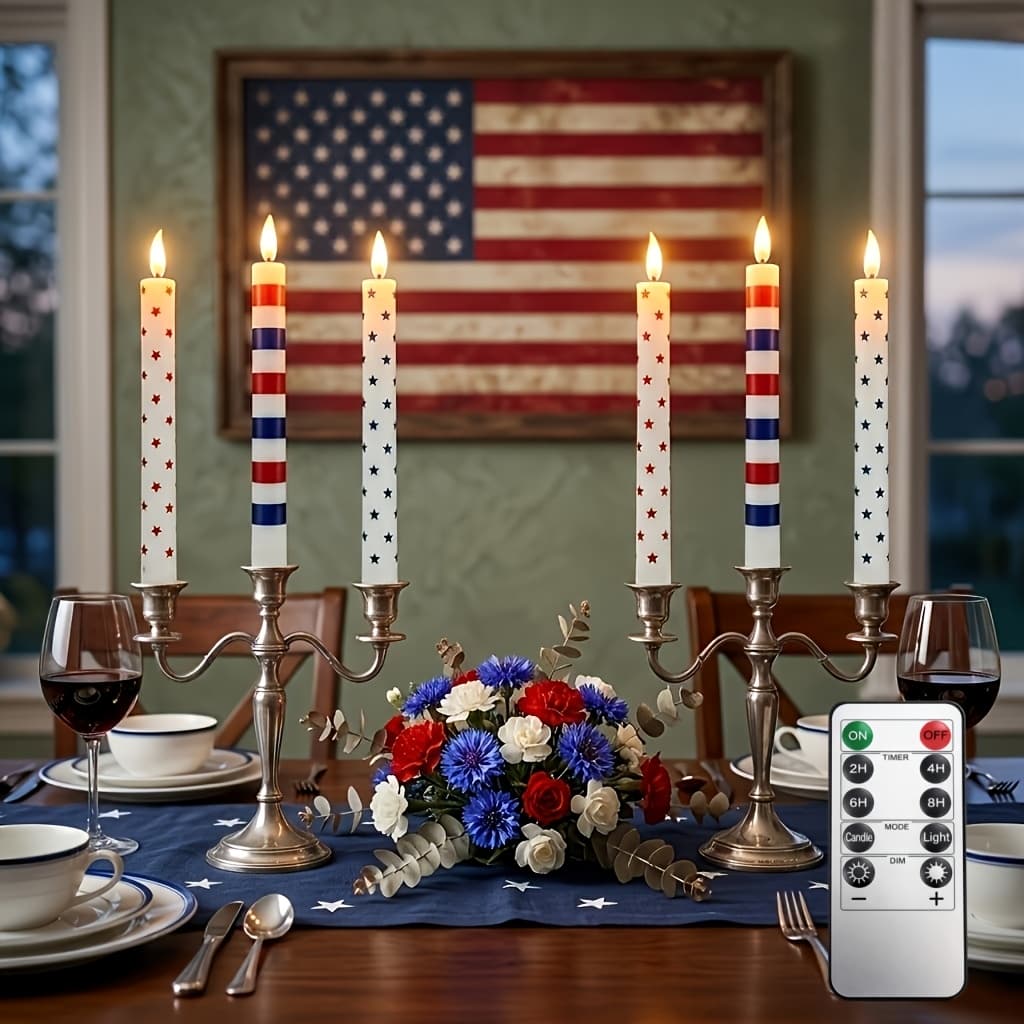 TEMU 7pcs Patriotic Flameless Window Candles Set: 6 Led Taper Candles With American Flag Stars & Stripes + 1 Remote, Battery Operated Electronic Candles For Day Decor
