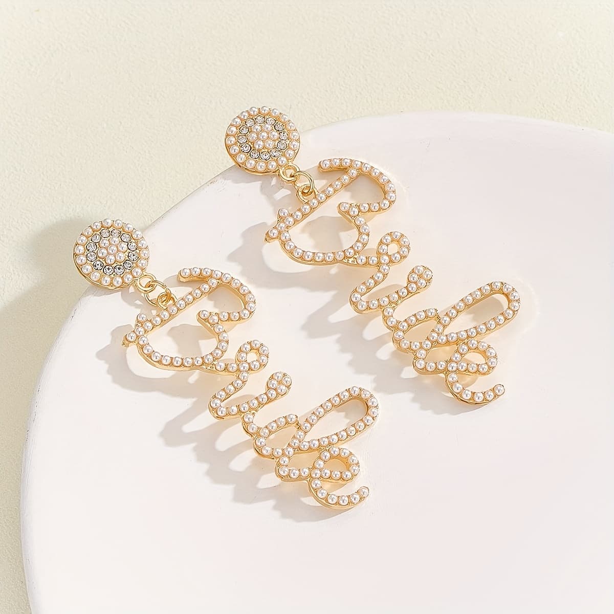 TEMU A Pair Of European And American Cross-border Alloy Rice Bead Letter Earrings, Fashionable Wedding Simple Earrings Suitable For Women To Wear