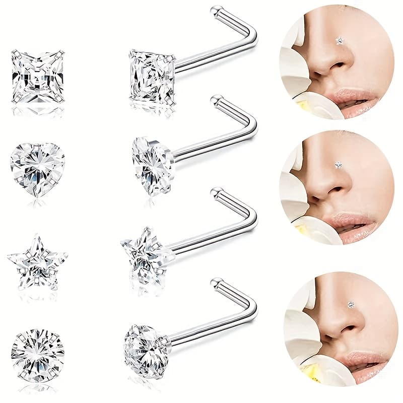 TEMU 4pcs Nose Nail Five-pointed Star Arc Rod Nose Ring 3a Zirconia Nose Nail Body Perforated Jewelry