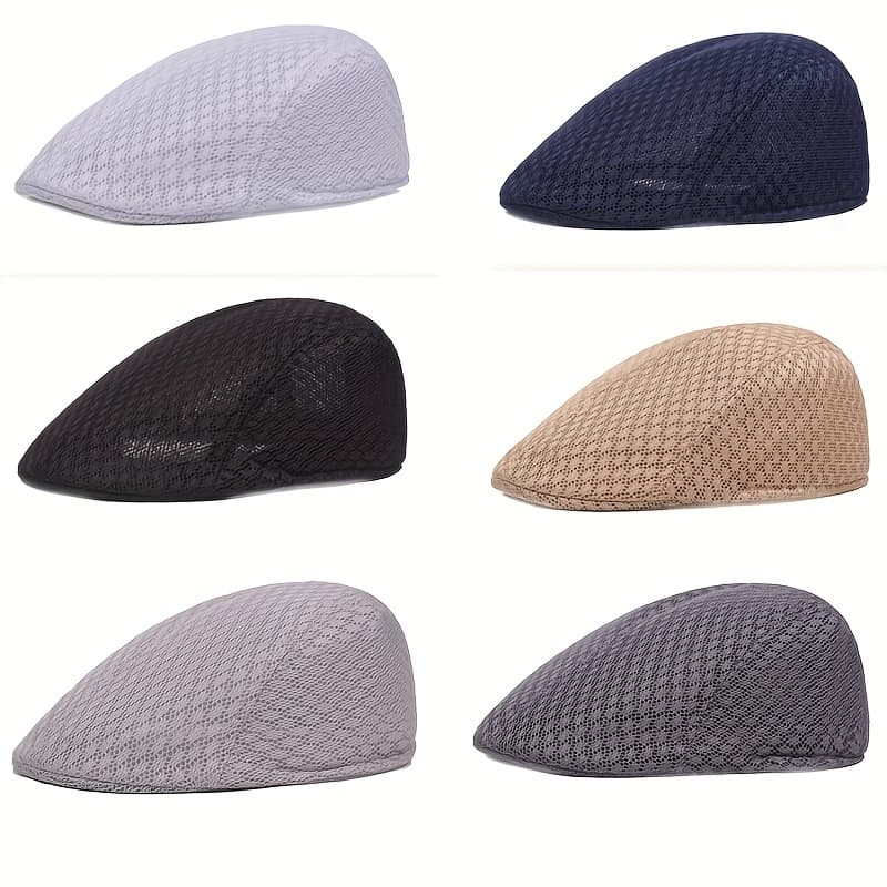 TEMU 6pcs Breathable Polyester Mesh Flat Caps Men's Wisteria Hats Vintage Style Lightweight Solid Color Newsboy Caps, Suitable For Summer Driving Hunting