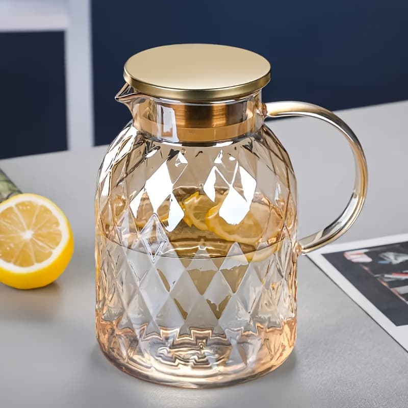 TEMU 1pc Elegant Golden Glass Pitcher With Handle, Made Of High Borosilicate Glass, Heat-, Suitable For Refrigerator Storage, Ideal For Kitchen Juices And Beverages, Includes Filter Lid, 1800ml