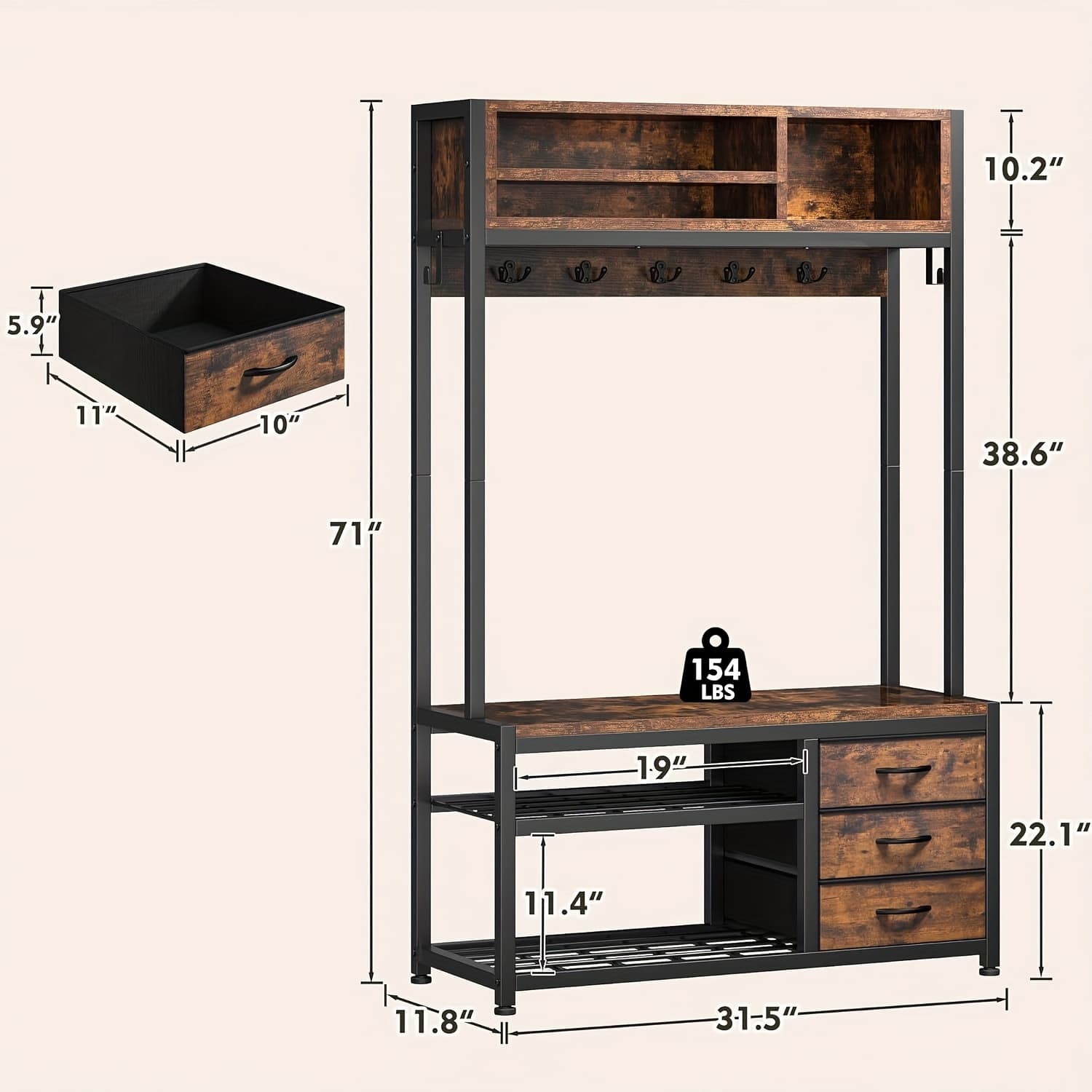 TEMU Coat Rack Freestanding, Coat Rack With Shoe Storage, Entryway Bench With Storage, Hall Tree With Entryway Bench And Shoe Storage, Hall Tree With 12 Hooks And 3 Drawers For Hallway