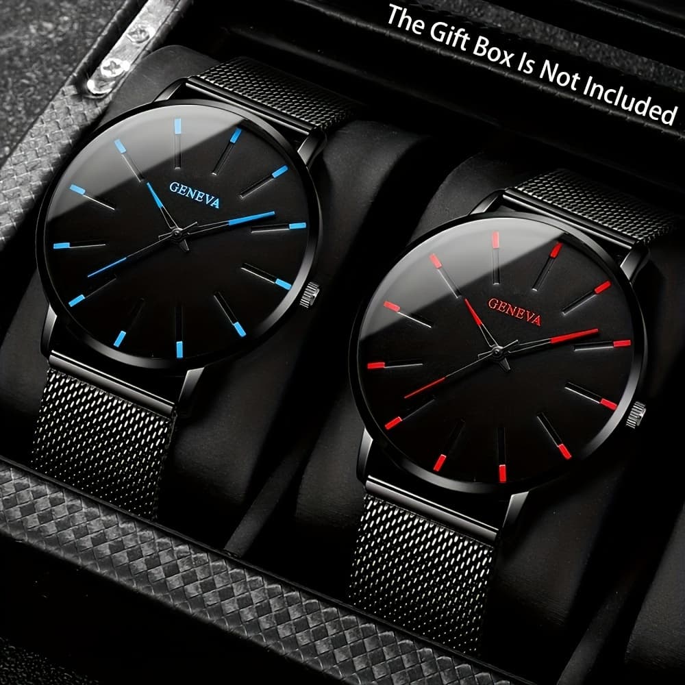 TEMU Stylish Men's Quartz Watch Set - 2pcs, Casual Mesh Alloy Strap, Accurate Movement, Perfect Gift For Him