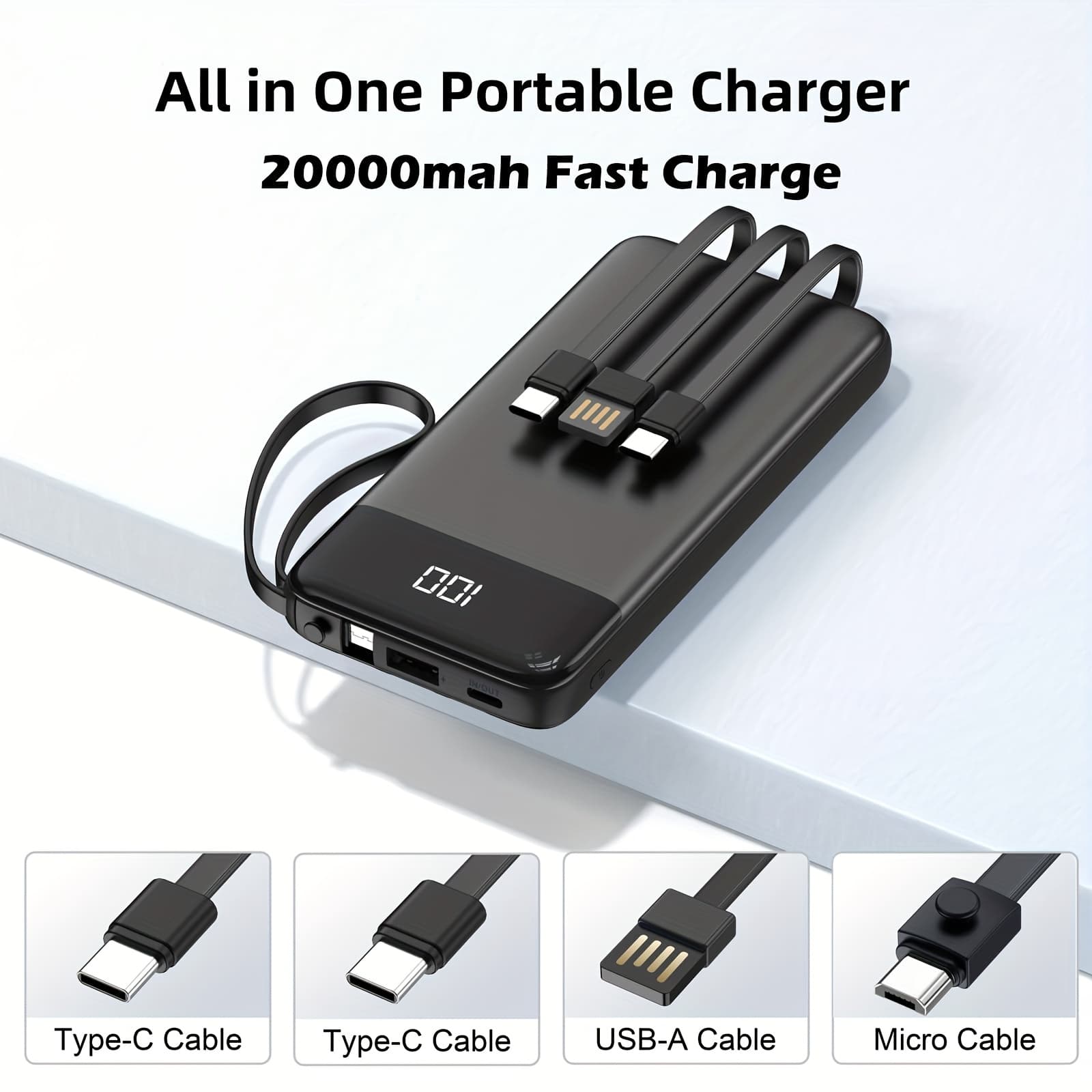 TEMU Power Bank 20000mah, 20w Fast Charging Portable Charger With Built-in Cables, Usb C Battery Pack, Slim Portable Phone Charger Backup Battery For All Phones, Tablets