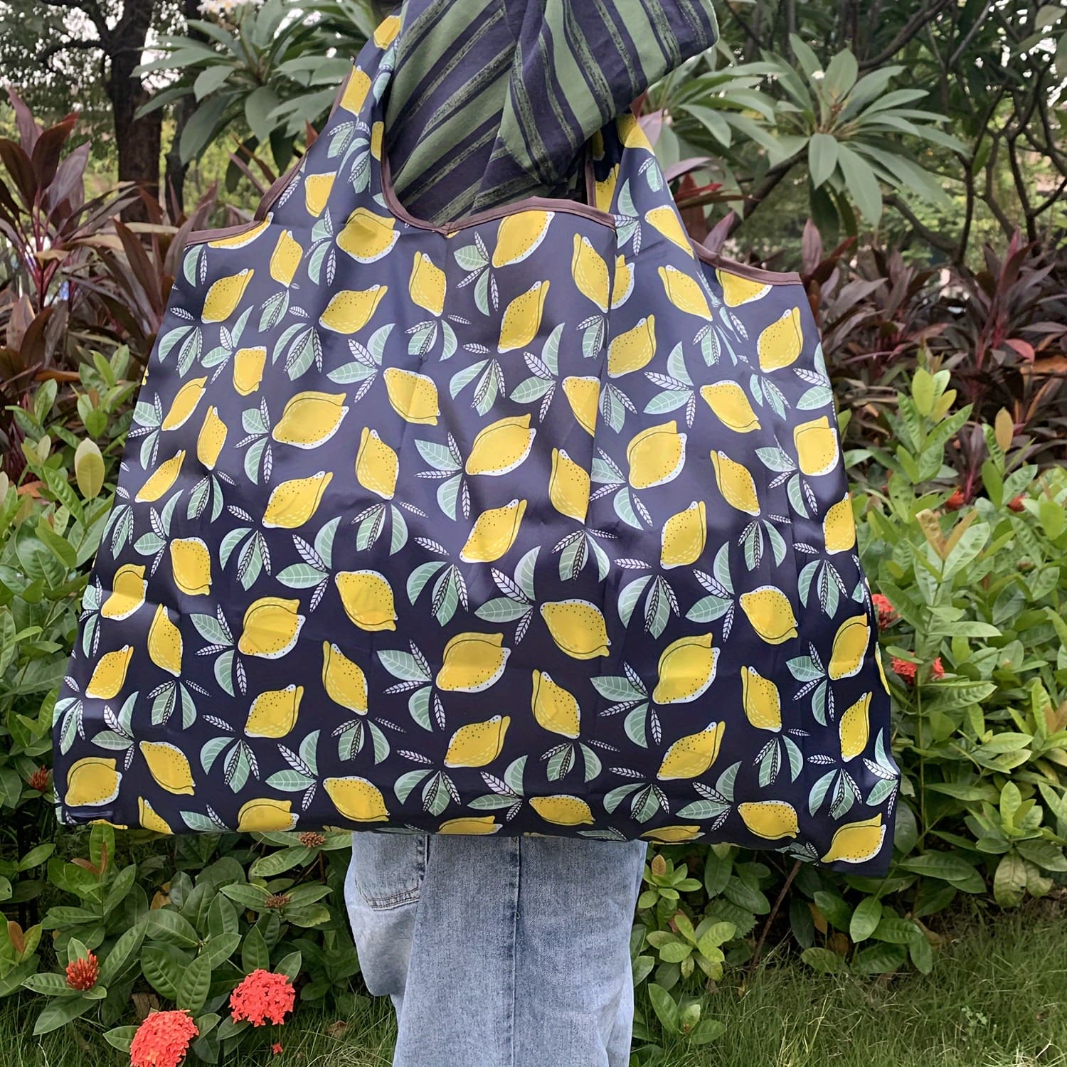 TEMU Large Lemon & Leaf Pattern Foldable Shopping Bag - Nylon, Reusable Grocery Tote With Wrist Strap, High-quality, Spacious For Travel & Picnic, 22x16x10in , Grocery Tote Bag