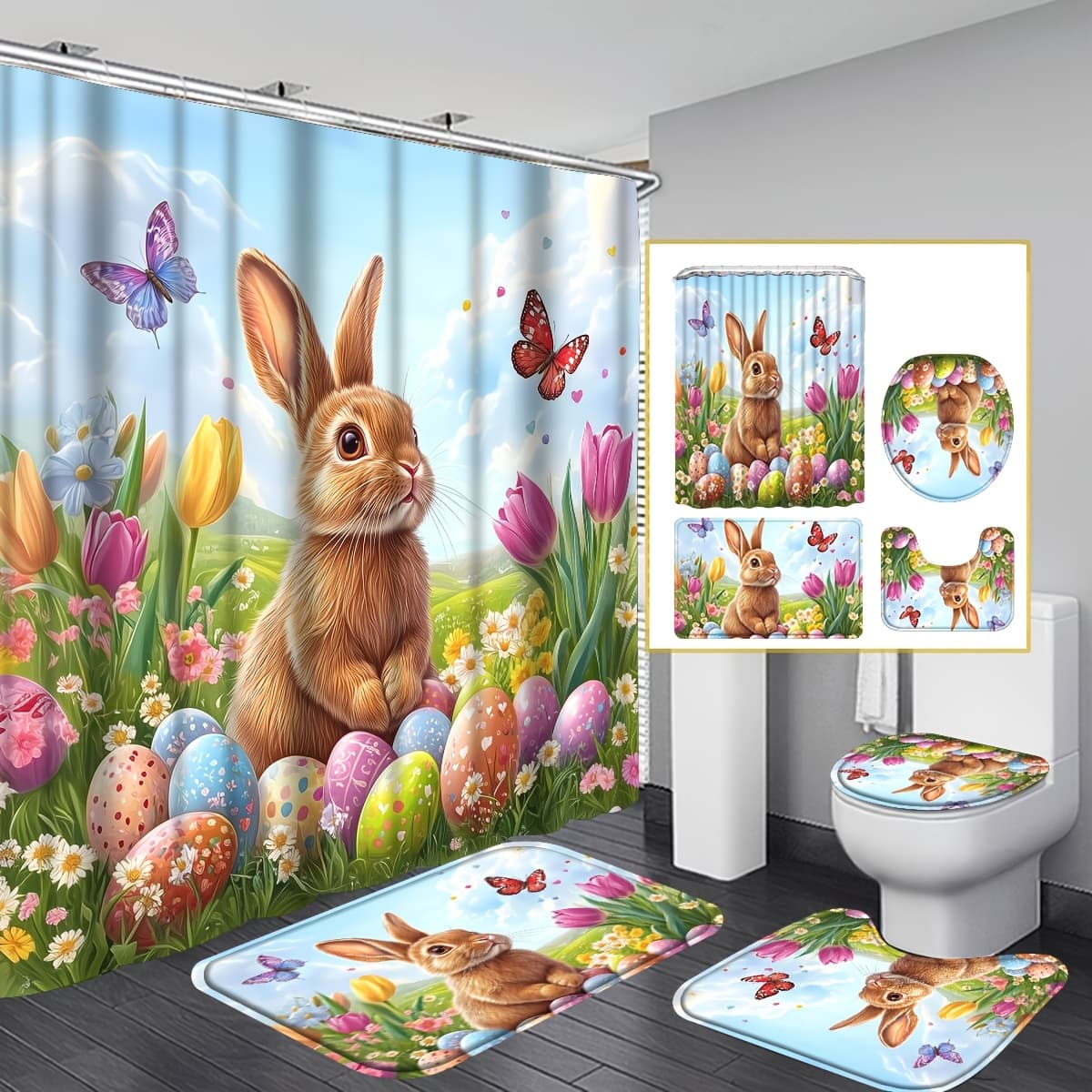 TEMU 4pcs Easter Shower Curtain Set With Non-slip, Toilet , Toilet Seat Cover, Machine Washable Shower Curtain With 12 Hooks, Spring Colorful Eggs Floral Bathroom Decor Set With Additions