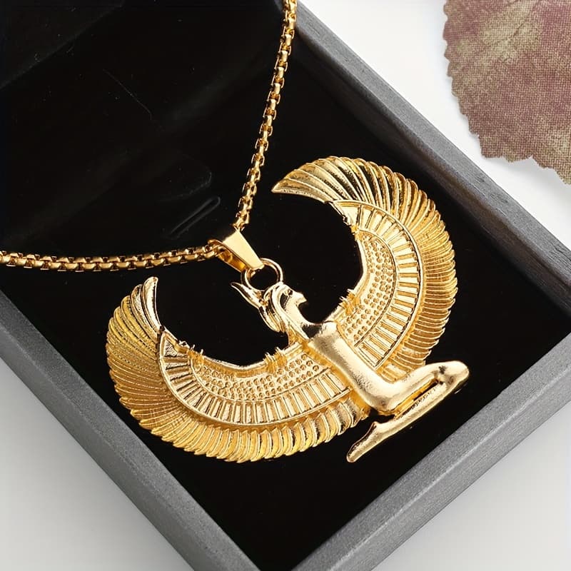 TEMU 1pc Retro Creative Ancient Egyptian Goddess Isis Spreading Her Wings And Kneeling On The Earth Shape Pendant Necklace Ladies Banquet Party Fashion Charm Trend Amulet Jewelry Gift