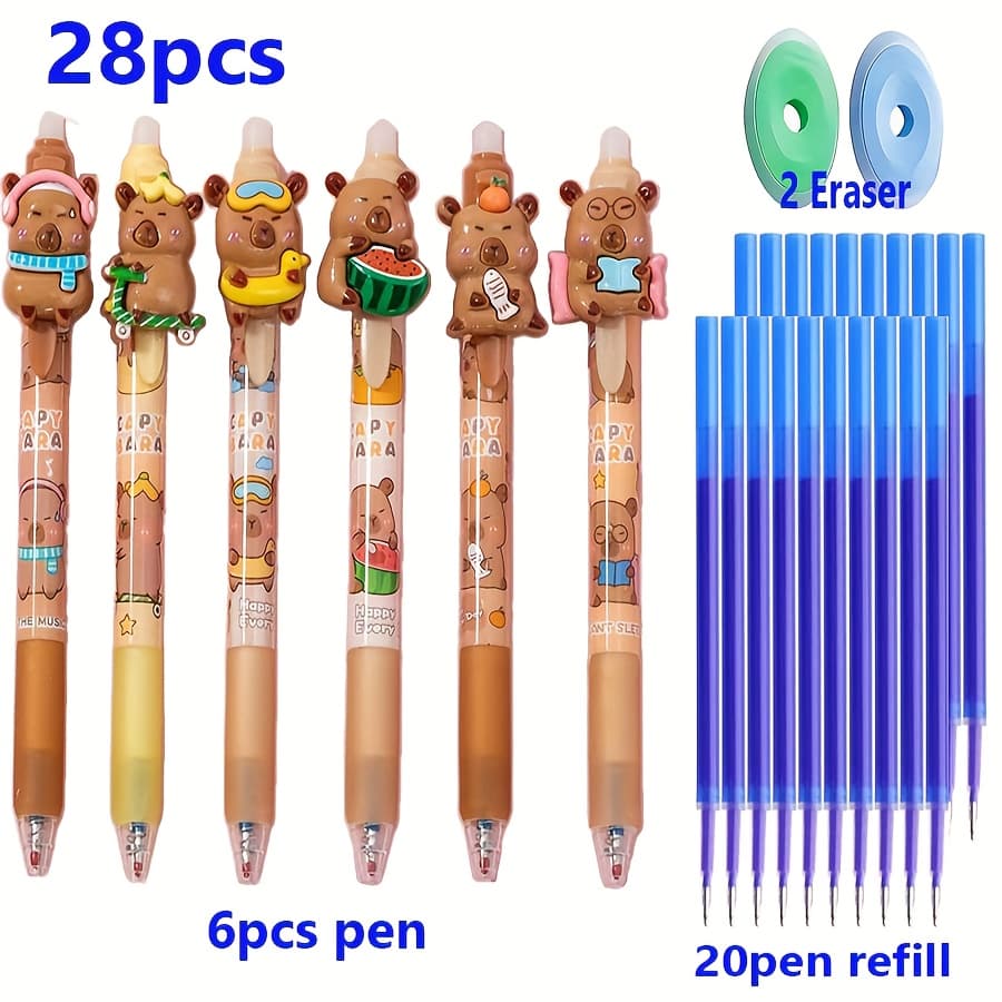 TEMU A Set Of 28 Cute Capybara Side-press Retractable Gel Pens, 0.5mm Animal-themed, Erasable, Blue Ink, Comfortable Grip, And Quick-drying Writing Tools. Perfect For Office Supplies And Holiday Gifts
