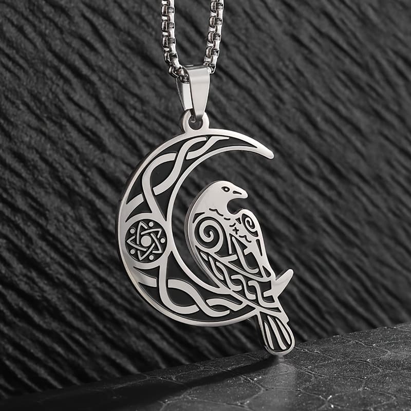 TEMU 1pc New Fashionable Retro 304 Stainless Steel Moon Crow Pendant Necklace - Celtic Knot Decorative Jewelry, Men's And Women's Trendy Versatile Accessory Gift