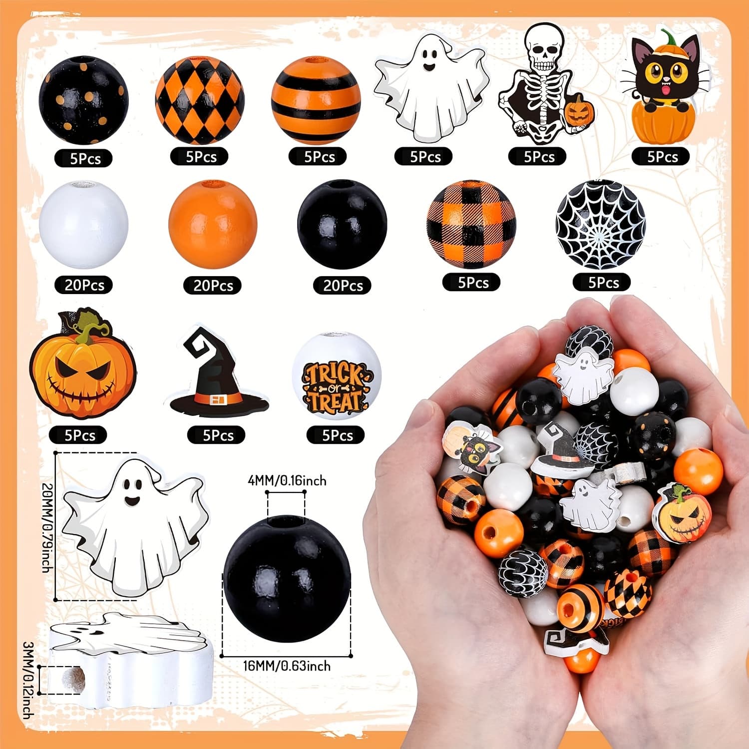 TEMU Efrey 115pcs Halloween Wooden Beads 14 Styles Wood Loose Beads Orange Black Pumpkin Shaped Beads For Halloween Tiered Tray Garland Farmhouse Decor Diy Crafts