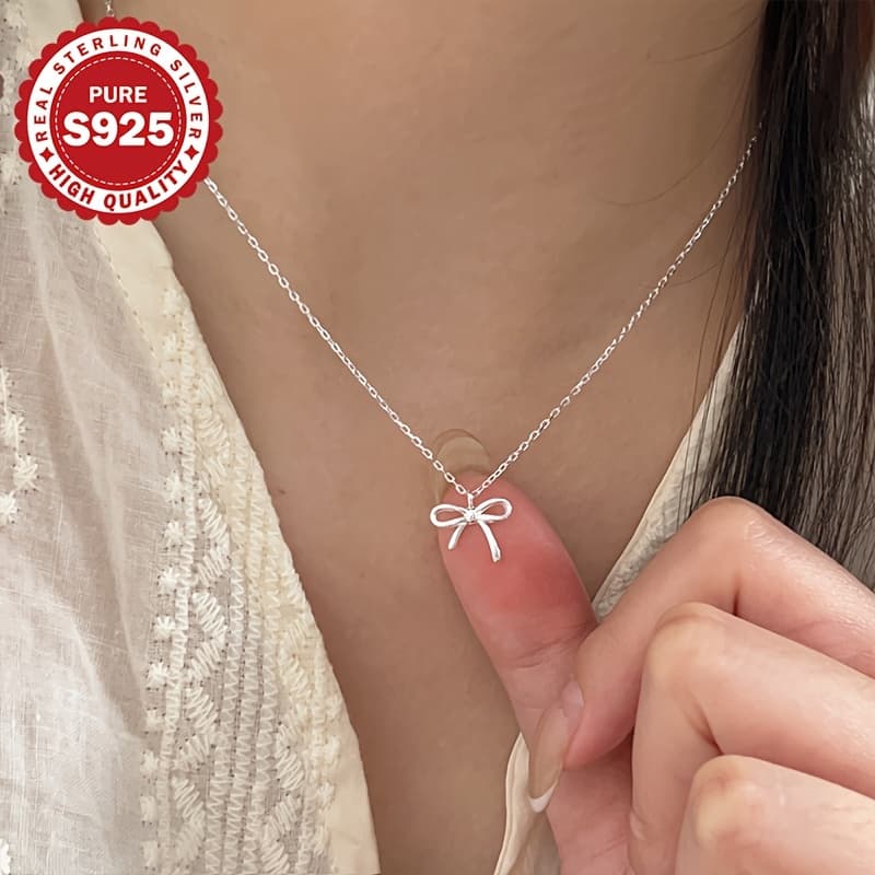 TEMU 925 Silver Bowknot Necklace, Adorable And Easy Design, For Your Girlfriend, Everyday Accessory