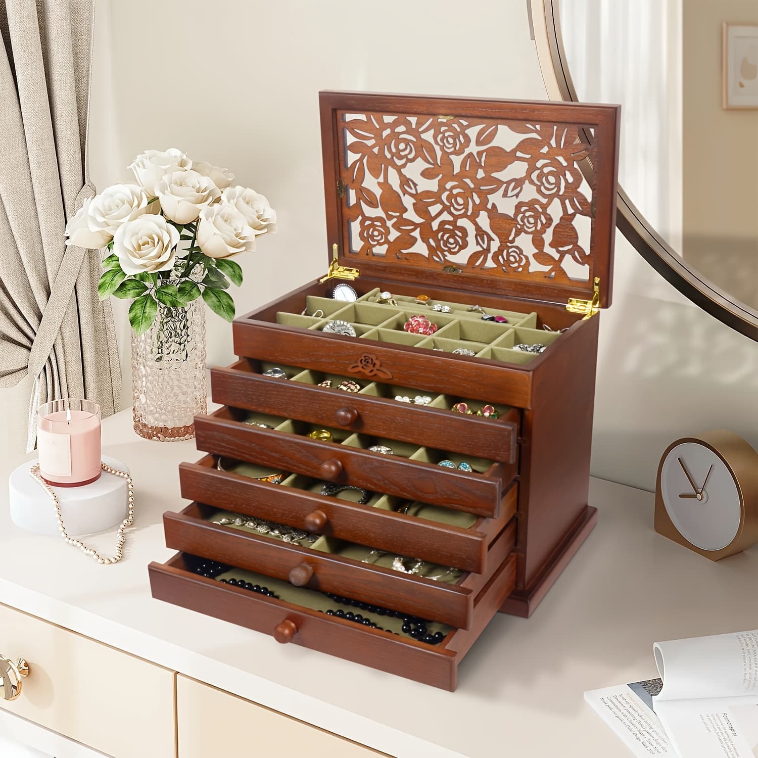 TEMU Wood Jewelry Box For Women - Real Wooden Jewelry Holder Organizer Box With Patterns, Mothers Day Gifts, Jewelry Boxes For Storage Earrings Rings Necklace Bracelet, Ideal Gift For , Jewelry Boxes