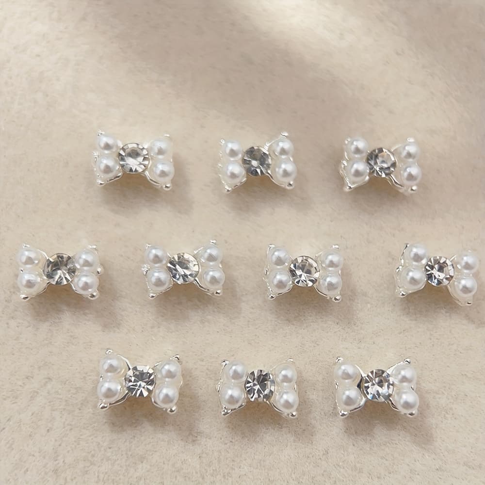 TEMU 10pcs Alloy Pearl Bowknot Nail Drills Rhinestones & Alloy Nail Art Decorations Diy Nail Charms Nail Gems Nail Supplies