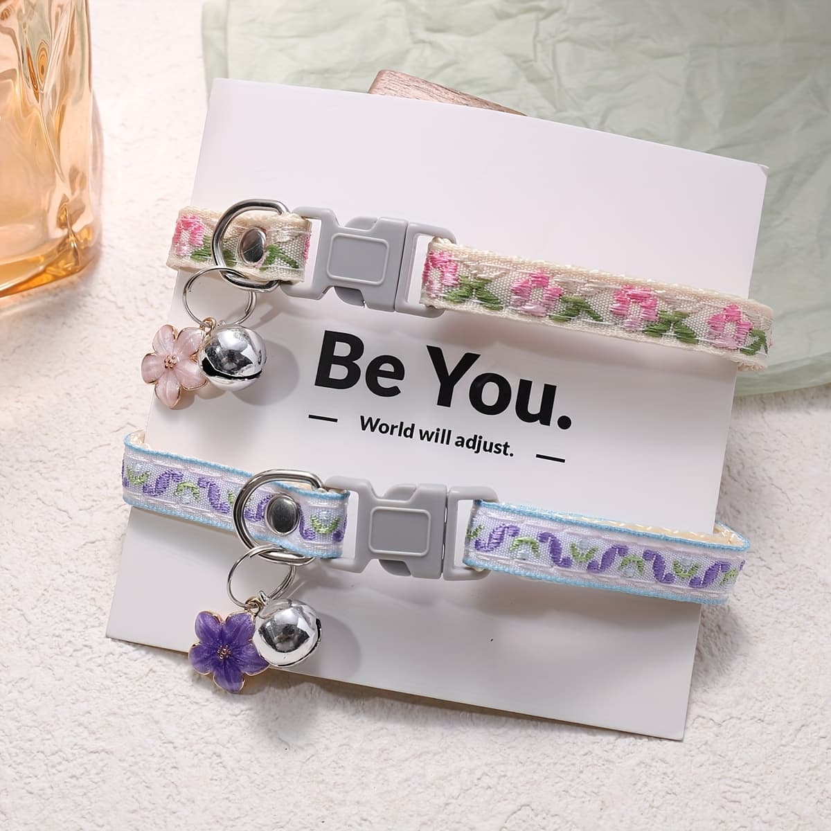 TEMU 2pcs Of Diamond-shaped Floral Jacquard Adjustable Pet Collars, Gray With Cute Flower/footprint Pendants For Cats And Dogs.