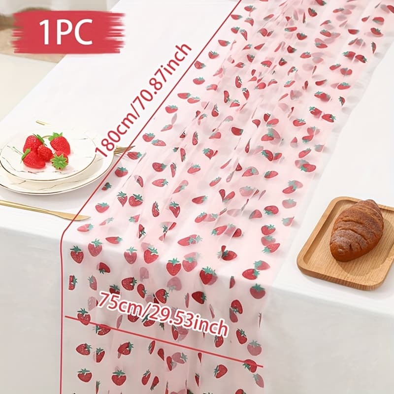 TEMU 1pc, Strawberry Red Mesh Table Runner, 75*180 Cm, Polyester Table Flag, Decorations For Birthday Parties, Supplies For Baby Showers, Table Decor, Wedding Bridal Party Table Runner