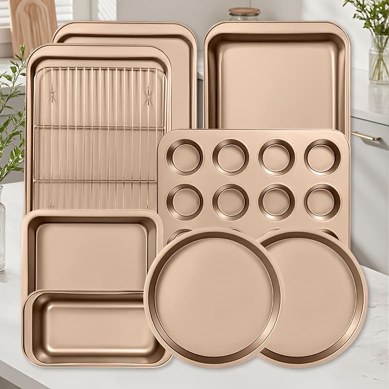 TEMU Nonstick Bakeware Set (9pcs), Heavy Duty Aluminized Steel Bakeware-baking Pan Sets, Includes Sheet Pans, Loaf Pan, Muffin Pan, Cake Pans Golden