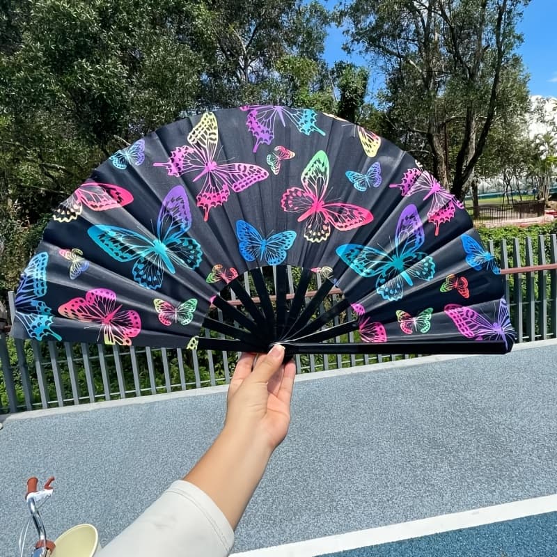 TEMU Women's Large Folding Fan With Fluorescent Gradient Colors - Portable Lightweight Sound Fan Suitable For Parties, Dance, For Events - Folding Fan, Trendy Prop & Cooling Accessory