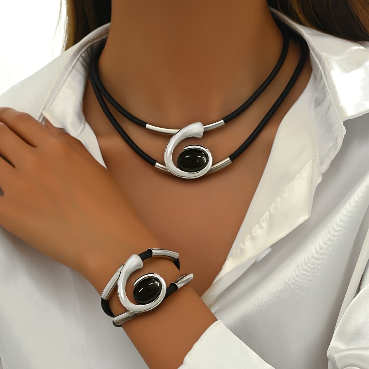 TEMU S925 Silvery Fashionable Temperament, Retro Bohemian Style, Double-layer Black , Oval Black Pendant Necklace, Bracelet Set, 1 Set
