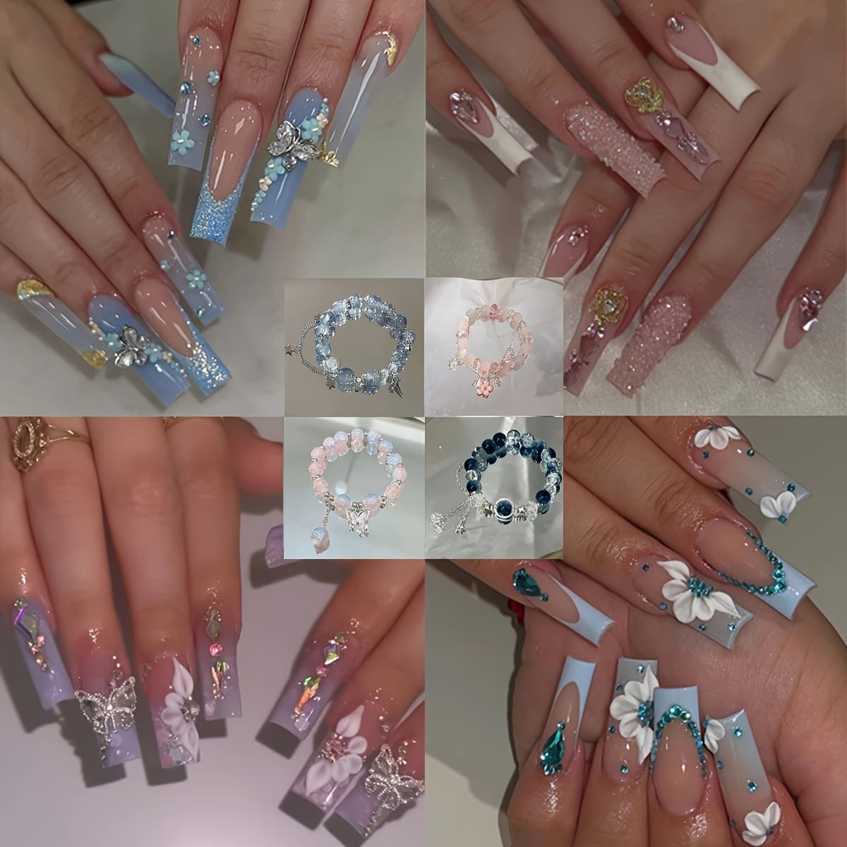 TEMU (100pcs) 4pack Glossy Long Ballerina Fake Nails And 4pcs Bracelet Blue Gradient Press On Nails With 3d Flower Design Beads Bangle Sparkling Full Cover False Nails For Women