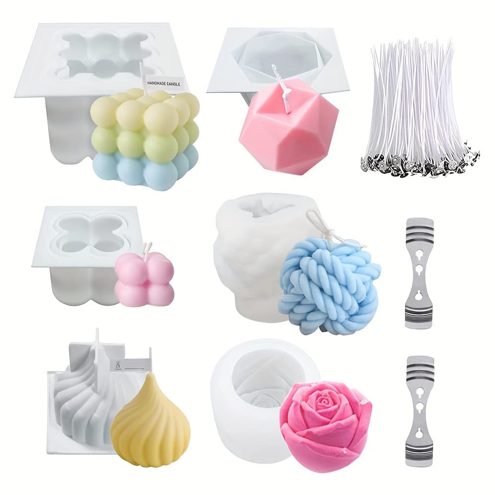 TEMU Candle Set A Total Of 108pcs Of Silicone Mold, Including 6 3d Candle Molds, Candle Wicks, 2 Wick Clips