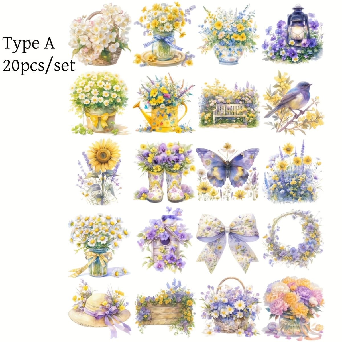 TEMU 20pcs/set Handmade Creative Retro Flowers Plants Butterflies Purple Birds Bow Series Stickers Suitable For Garbage Diary Notebook Decoration Manual Account Cutting Book Stickers