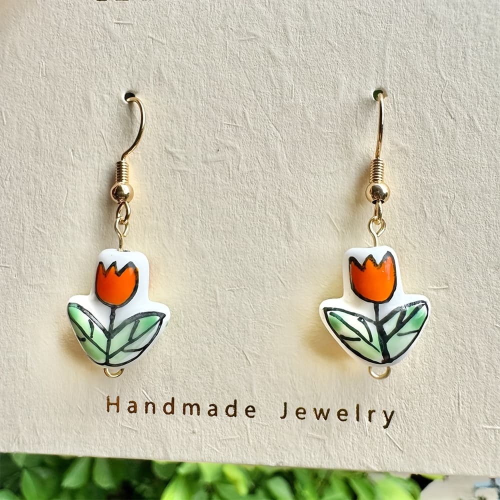 TEMU A Pair Of Hand-painted Orange Tulip Ceramic Earrings, Handcrafted Ceramic Jewelry, Perfect For Women's Minimalist Additions, A Floral Ceramic Jewelry Gift For Her, A Present For Tulip Enthusiasts