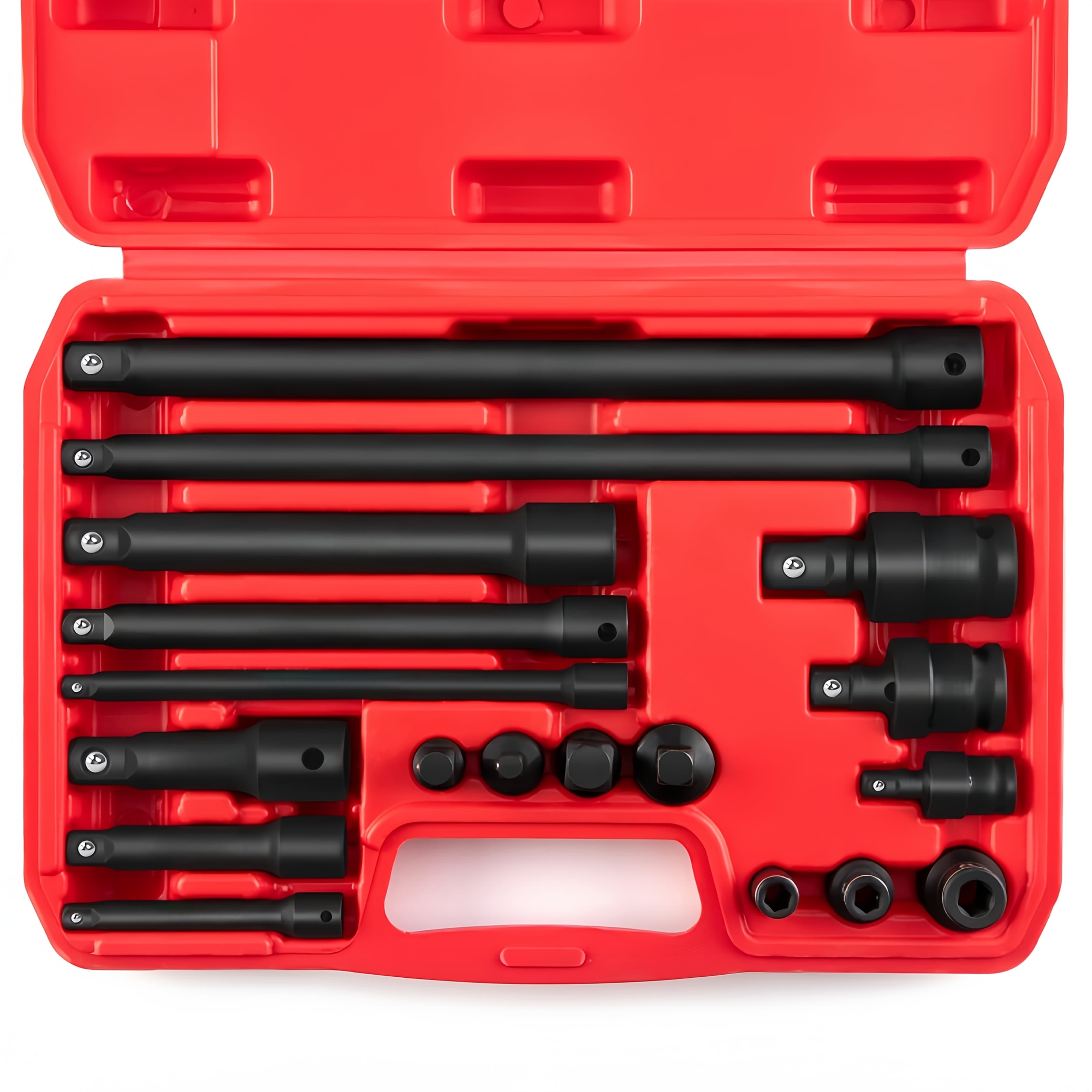 TEMU This Set Of 18 Impact Sockets Comes With Extension Bars, Universal Joints, Socket Adapters, And Couplers For Impact Drill Bits. Constructed From Cr-, It Includes Drives Of 1/4", 3/8", And 1/2"