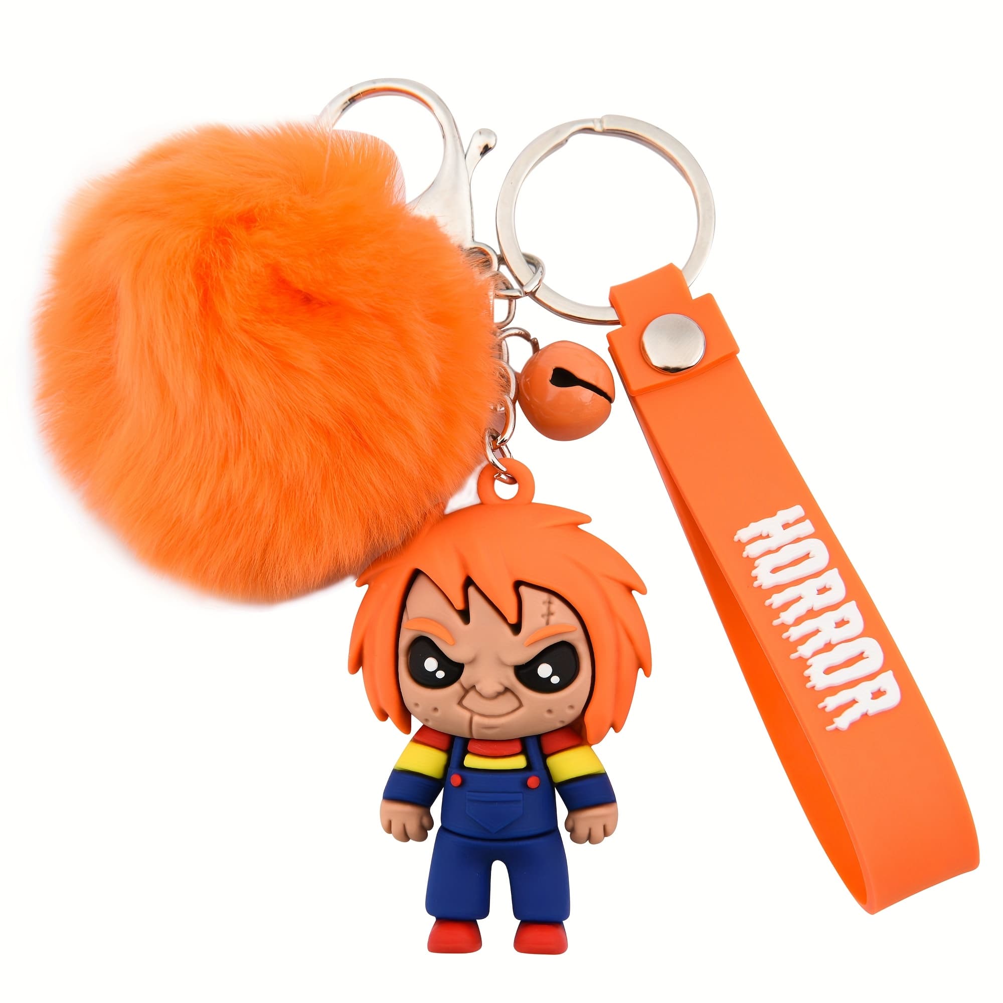 TEMU 1pc Horror-themed Plush Keyring Set - Cute Orange Character Keychain With Metal Bell Accessory